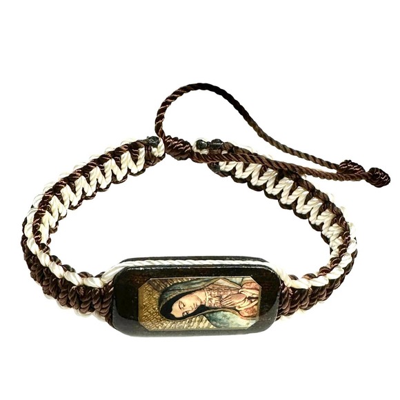 Our Lady of Guadalupe Bracelet Knotted Rope Brown White Color Adjustable NEW - Picture 2 of 2